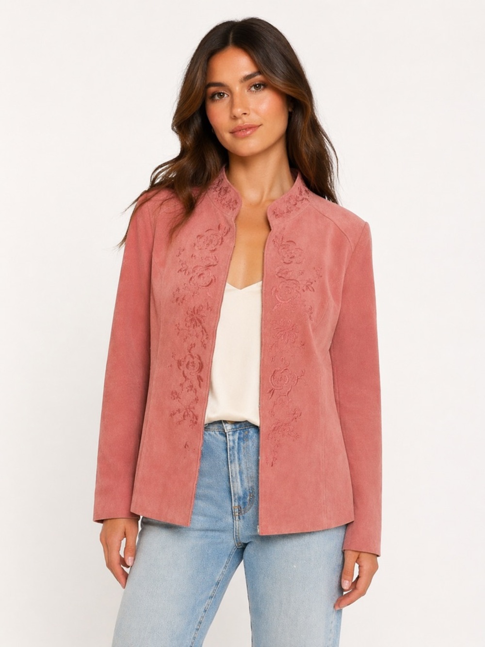 Bernardo Embroidered Suede Jacket Womens Small Pink Floral unique Jacket